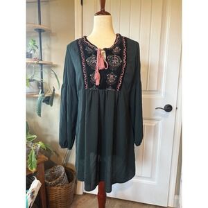 Women's Dark Green Embroidered Tassel Boho Babydoll Dress Long Sleeve